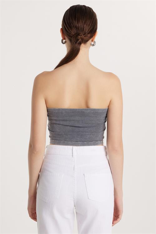 Kadın Slim Fit Pamuklu Straplez Düz Antrasit Bluz