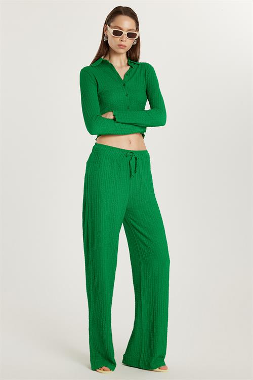 Kadın Slim Fit Dar Kesim Beli Lastikli Büzgülü İspanyol Paça Yeşil Pantolon