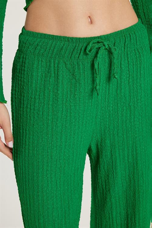 Kadın Slim Fit Dar Kesim Beli Lastikli Büzgülü İspanyol Paça Yeşil Pantolon