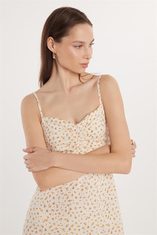 Kadın Slim Fit Dar Kesim İnce Askılı V Yaka Baskılı Viskon Ekru Elbise