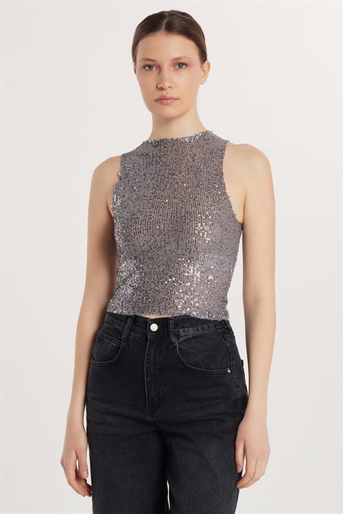 Kadın Slim Fit Dar Kesim Sıfır Kol Payetli Halter Yaka Gri Bluz