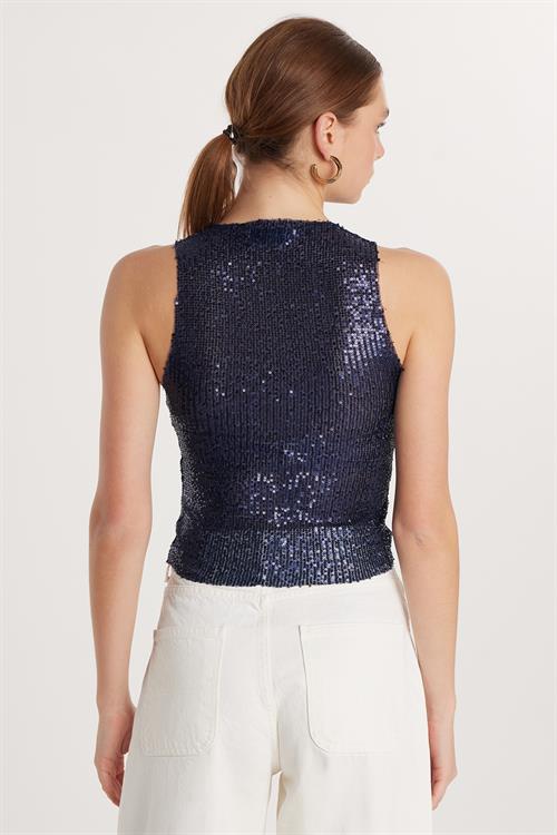 Kadın Slim Fit Dar Kesim Sıfır Kol Payetli Halter Yaka Lacivert Bluz