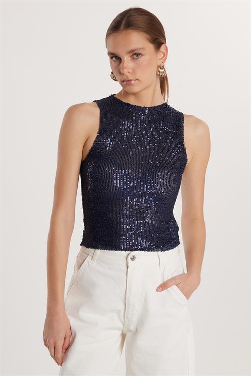 Kadın Slim Fit Dar Kesim Sıfır Kol Payetli Halter Yaka Lacivert Bluz