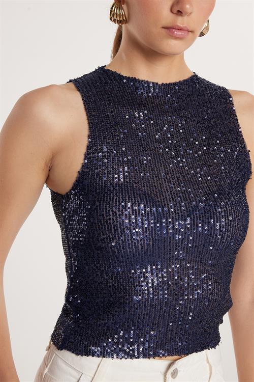 Kadın Slim Fit Dar Kesim Sıfır Kol Payetli Halter Yaka Lacivert Bluz