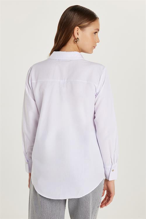 Kadın Slim Fit Dar Kesim Uzun Kollu Spor Yaka Beyaz Gömlek