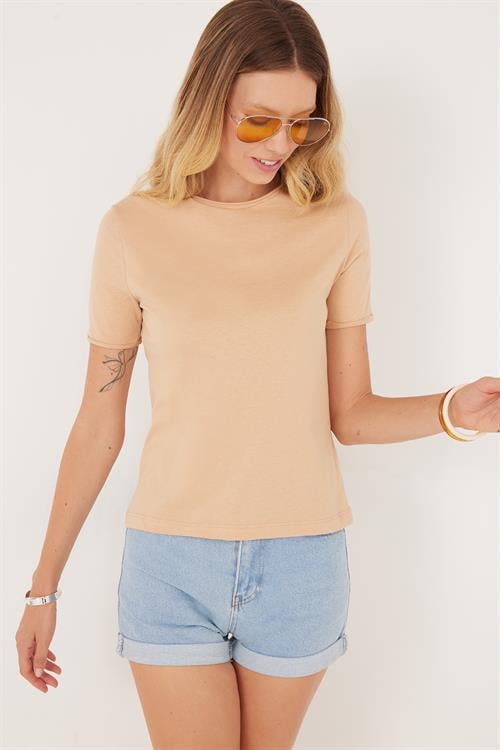 Kadın Slim Fit Dar Kesim %100 Pamuk Bisiklet Yaka Kahverengi Tişört