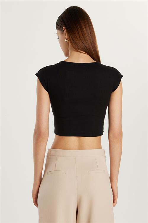 Kadın Modal Kumaş Slim Fit Dar Kesim Kısa Kollu Bisiklet Yaka Siyah Bluz 
