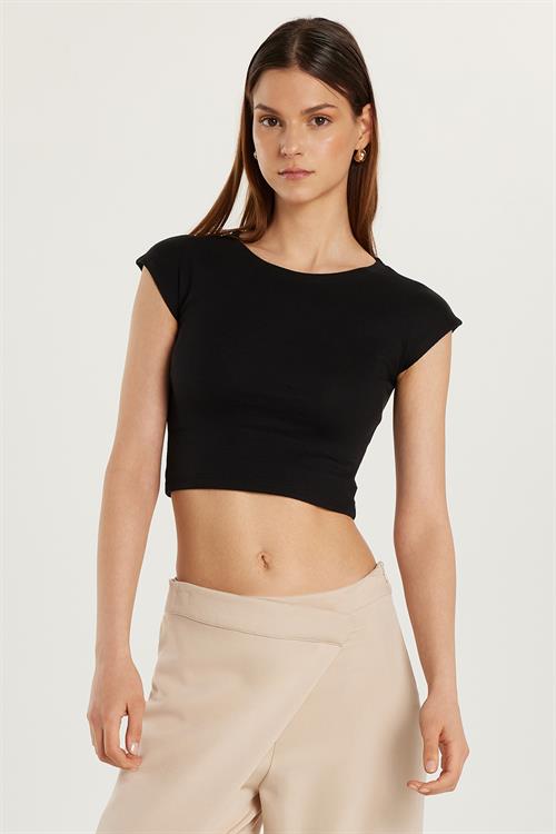 Kadın Modal Kumaş Slim Fit Dar Kesim Kısa Kollu Bisiklet Yaka Siyah Bluz 