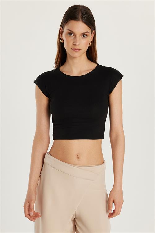 Kadın Modal Kumaş Slim Fit Dar Kesim Kısa Kollu Bisiklet Yaka Siyah Bluz 