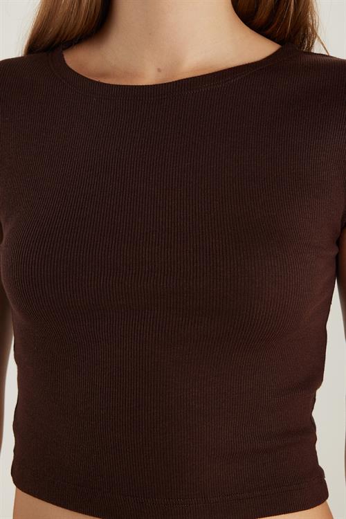 Kadın Modal Kumaş Slim Fit Dar Kesim Kısa Kollu Bisiklet Yaka Kahverengi Bluz