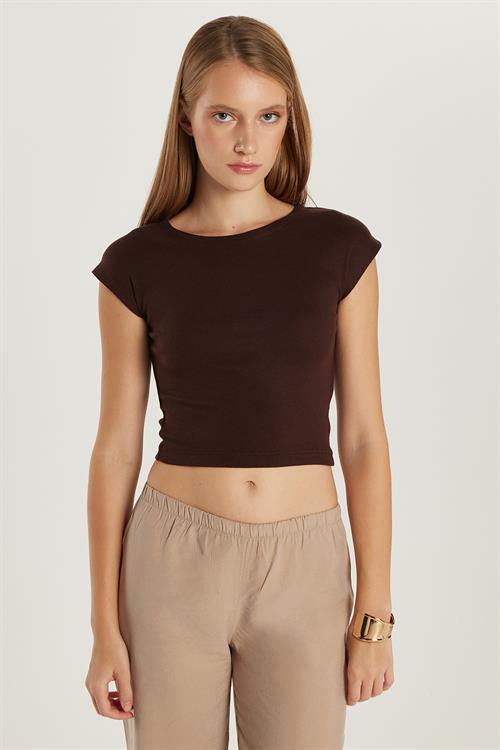 Kadın Modal Kumaş Slim Fit Dar Kesim Kısa Kollu Bisiklet Yaka Kahverengi Bluz
