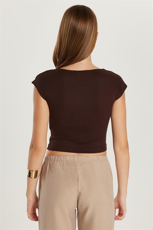 Kadın Modal Kumaş Slim Fit Dar Kesim Kısa Kollu Bisiklet Yaka Kahverengi Bluz