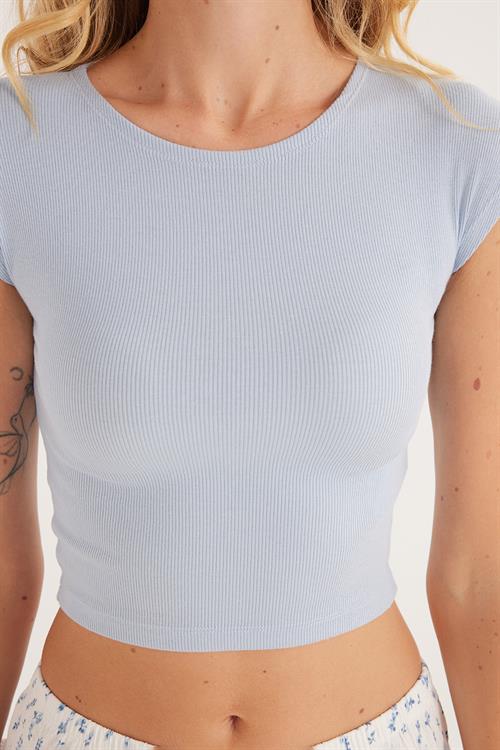Kadın Modal Kumaş Slim Fit Dar Kesim Kısa Kollu Bisiklet Yaka Mavi Bluz