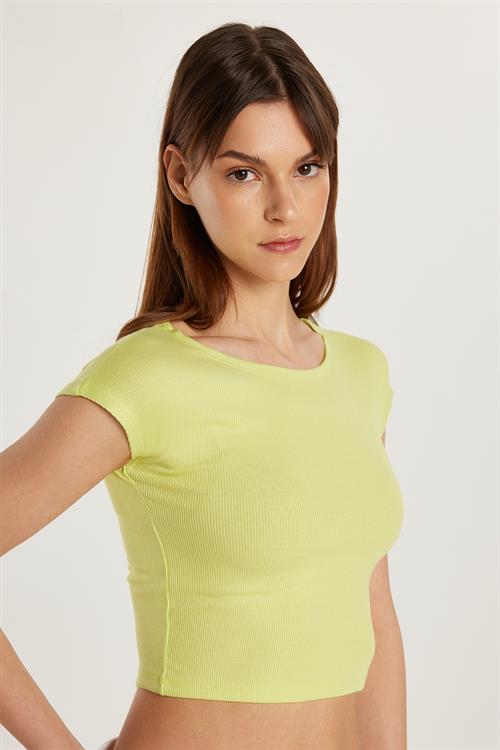 Kadın Modal Kumaş Slim Fit Dar Kesim Kısa Kollu Bisiklet Yaka Yeşil Bluz 