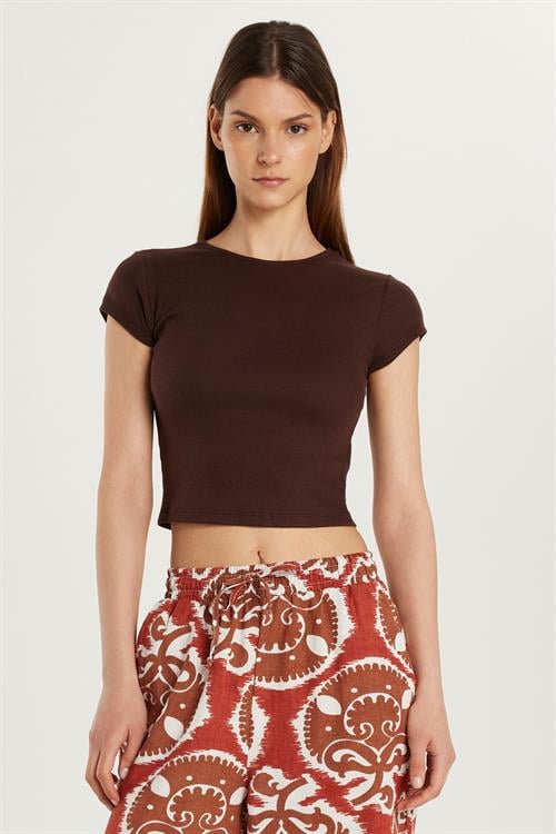 Kadın Modal Kumaş Slim Fit Dar Kesim Kısa Kollu Bisiklet Yaka Kahverengi Tişört