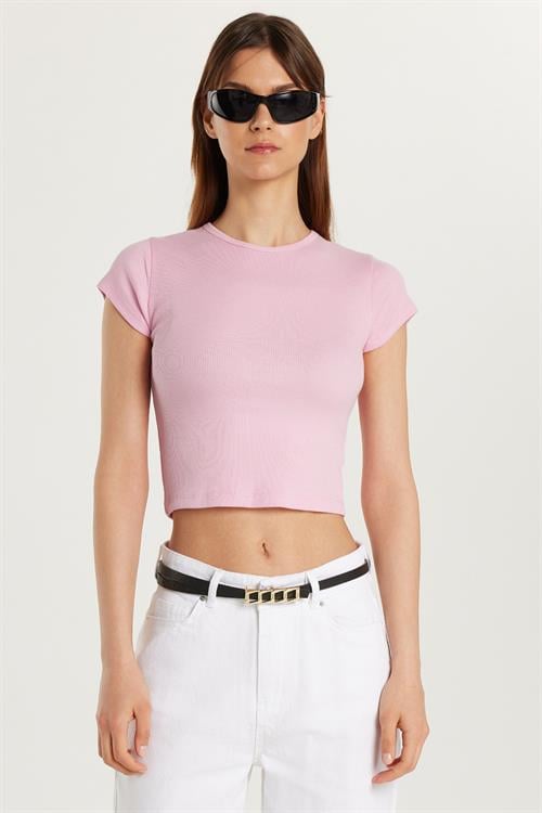 Kadın Modal Kumaş Slim Fit Dar Kesim Kısa Kollu Bisiklet Yaka Pembe Tişört