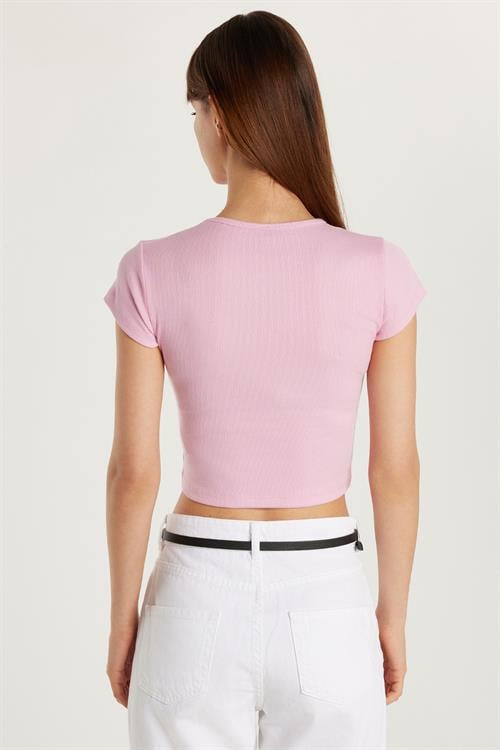 Kadın Modal Kumaş Slim Fit Dar Kesim Kısa Kollu Bisiklet Yaka Pembe Tişört