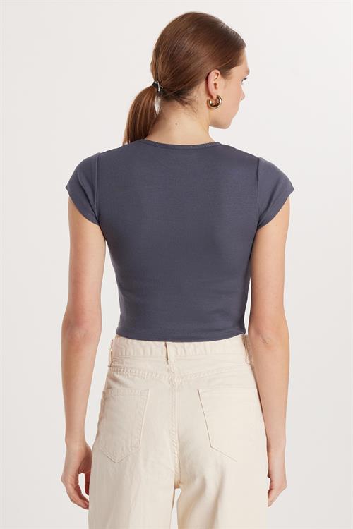 Kadın Modal Kumaş Slim Fit Dar Kesim Kısa Kollu Bisiklet Yaka Antrasit Tişört