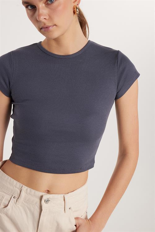 Kadın Modal Kumaş Slim Fit Dar Kesim Kısa Kollu Bisiklet Yaka Antrasit Tişört