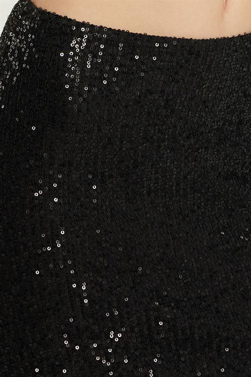 Kadın Slim Fit Simli Uzun Düz Siyah Etek