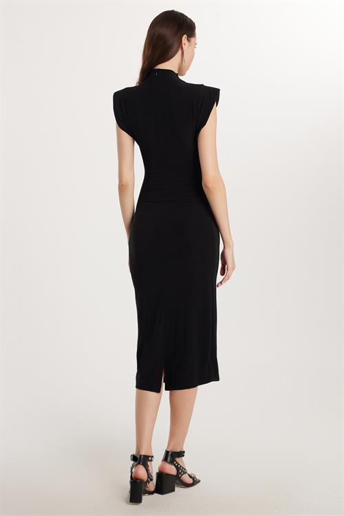Kadın Slim Fit Dar Kesim Sıfır Kol Yarım Balıkçı Yaka Siyah Elbise