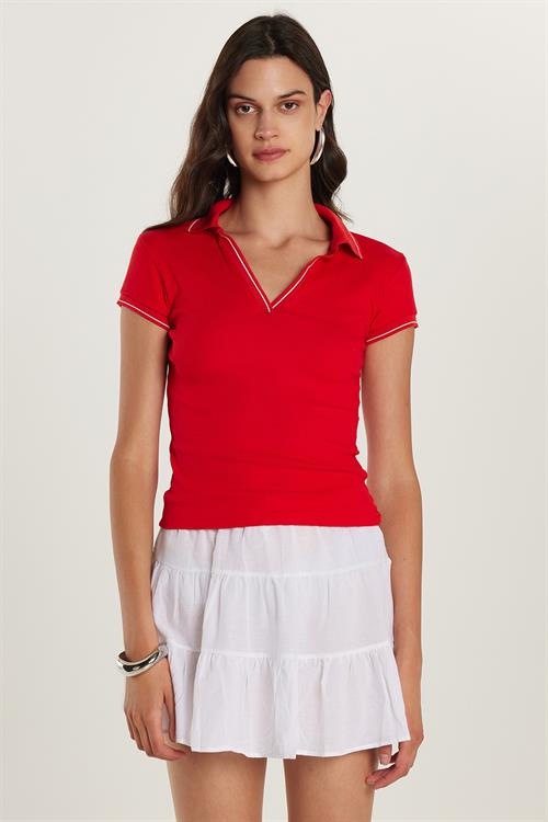 Kadın Modal Kumaş Slim Fit Dar Kesim Kısa Kollu V Yaka Kırmızı Bluz