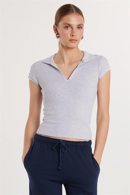 Kadın Modal Kumaş Slim Fit Dar Kesim Kısa Kollu V Yaka Gri Bluz