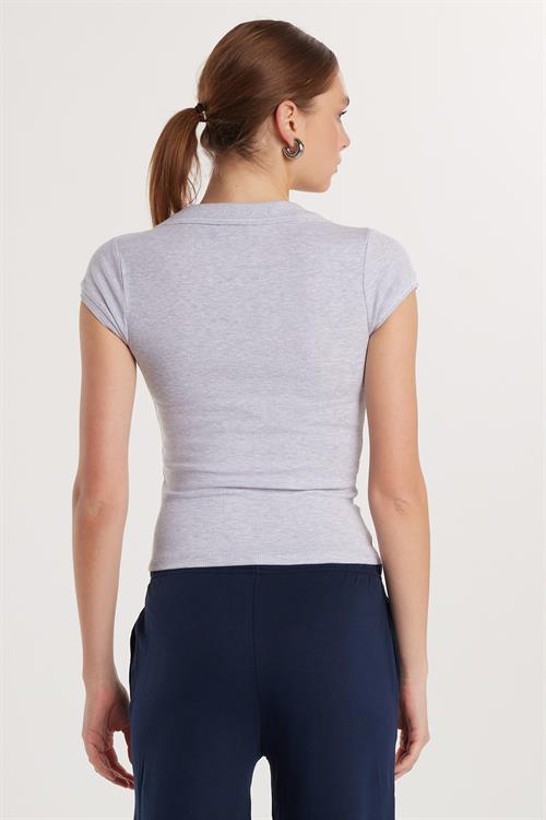 Kadın Modal Kumaş Slim Fit Dar Kesim Kısa Kollu V Yaka Gri Bluz