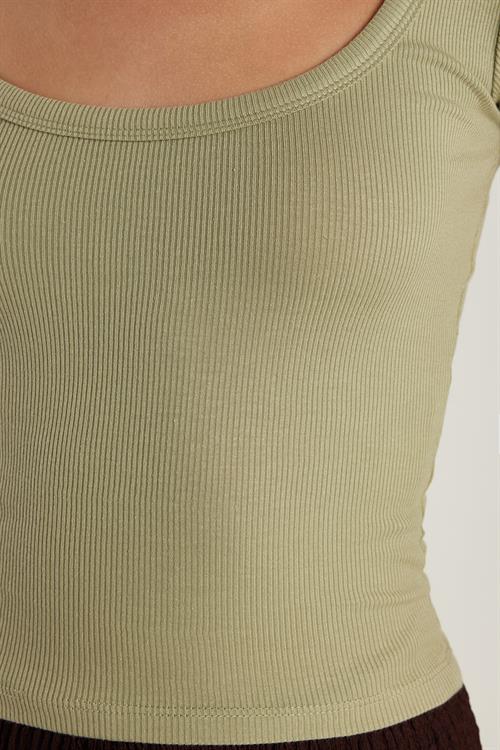 Kadın Modal Kumaş Slim Fit Dar Kesim Kısa Kollu U Yaka Yeşil Bluz
