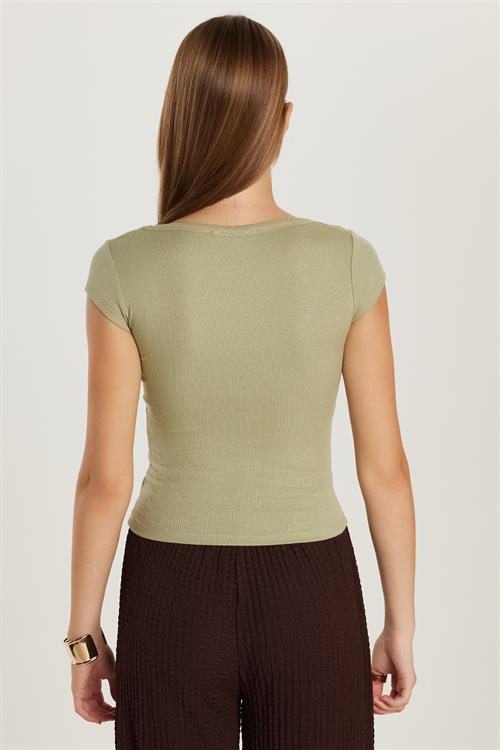 Kadın Modal Kumaş Slim Fit Dar Kesim Kısa Kollu U Yaka Yeşil Bluz