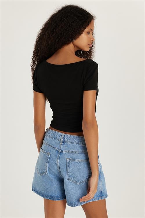 Kadın Slim Fit Dar Kesim Kısa Kollu U Yaka Siyah Bluz