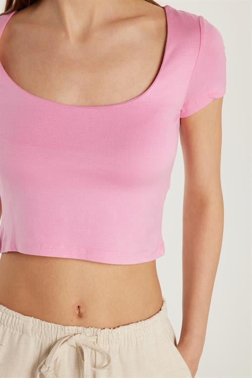 Kadın Slim Fit Dar Kesim Kısa Kollu U Yaka Pembe Bluz