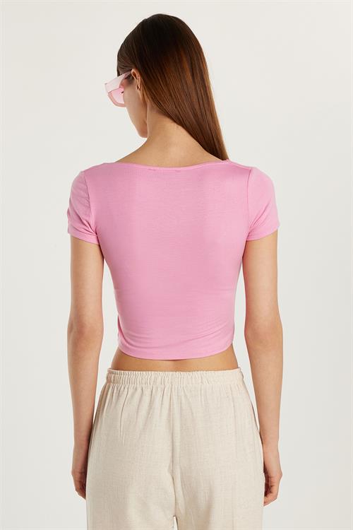 Kadın Slim Fit Dar Kesim Kısa Kollu U Yaka Pembe Bluz