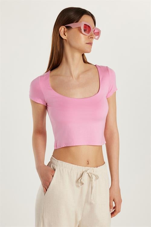 Kadın Slim Fit Dar Kesim Kısa Kollu U Yaka Pembe Bluz