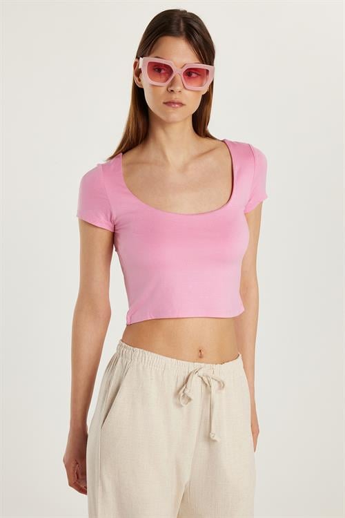 Kadın Slim Fit Dar Kesim Kısa Kollu U Yaka Pembe Bluz