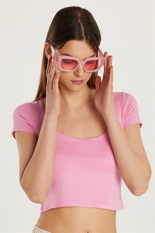 Kadın Slim Fit Dar Kesim Kısa Kollu U Yaka Pembe Bluz