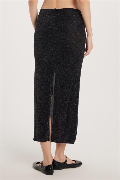 Kadın Slim Fit Simli Düz Siyah Etek