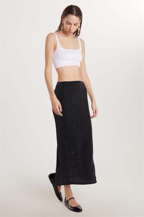 Kadın Slim Fit Simli Düz Siyah Etek