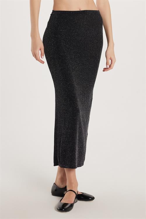Kadın Slim Fit Simli Düz Siyah Etek