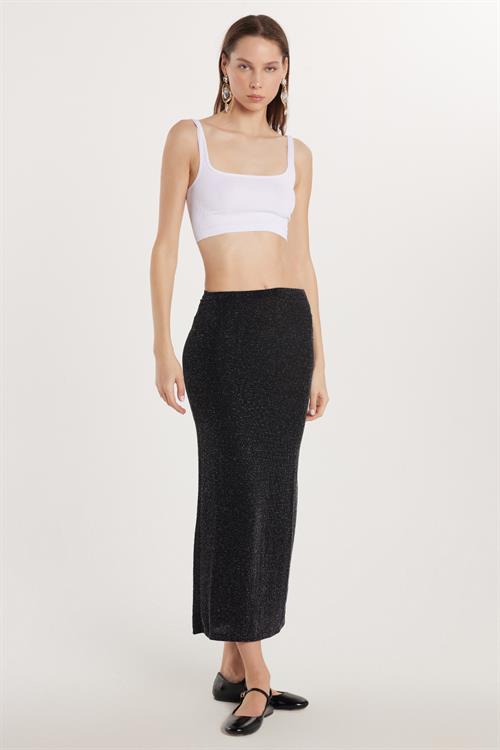 Kadın Slim Fit Simli Düz Siyah Etek