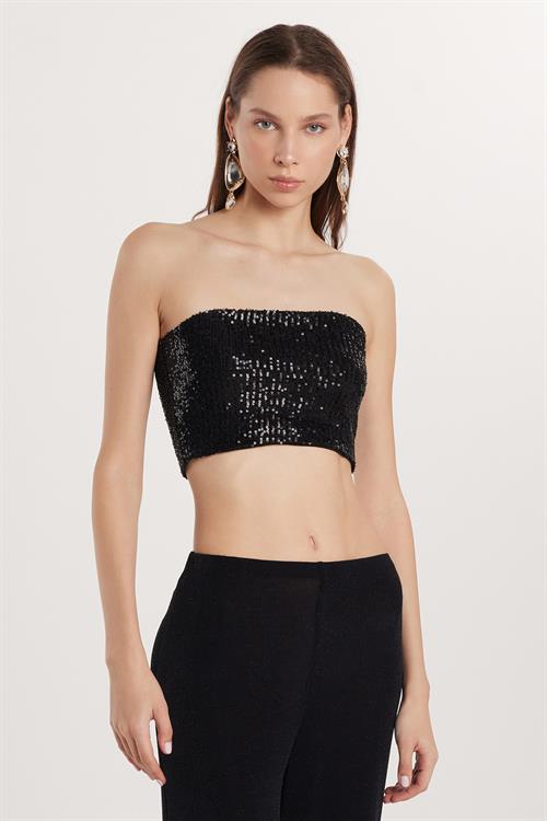 Kadın Slim Fit Dar Kesim Straplez Payetli Siyah Bluz