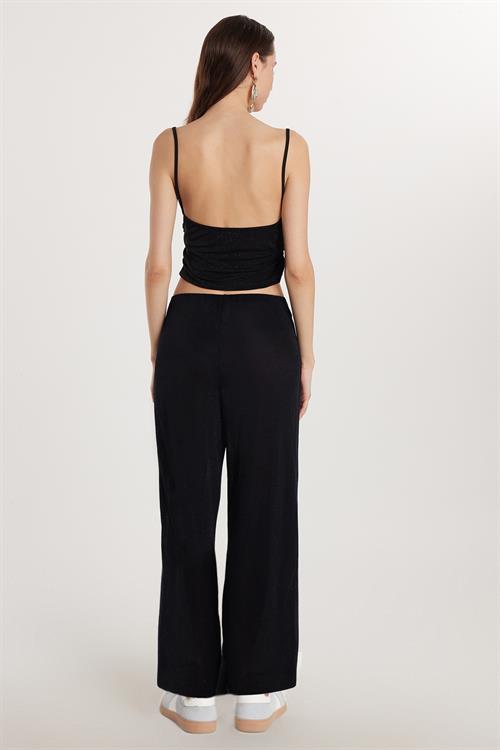 Kadın Slim Fit Dar Kesim Beli Lastikli Palazzo Geniş Paça Siyah Pantolon