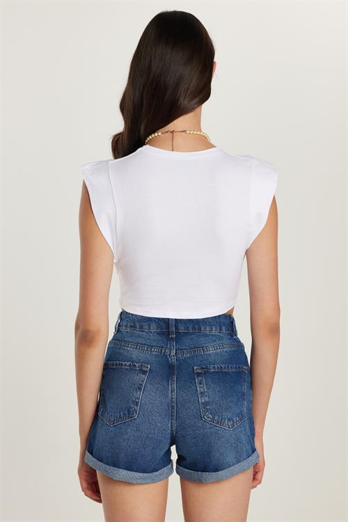 Kadın Slim Fit Dar Kesim Sıfır Kollu Bisiklet Yaka Beyaz Bluz