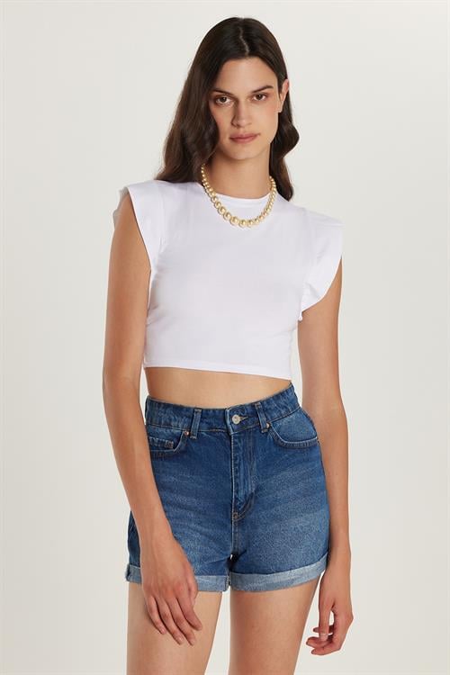Kadın Slim Fit Dar Kesim Sıfır Kollu Bisiklet Yaka Beyaz Bluz