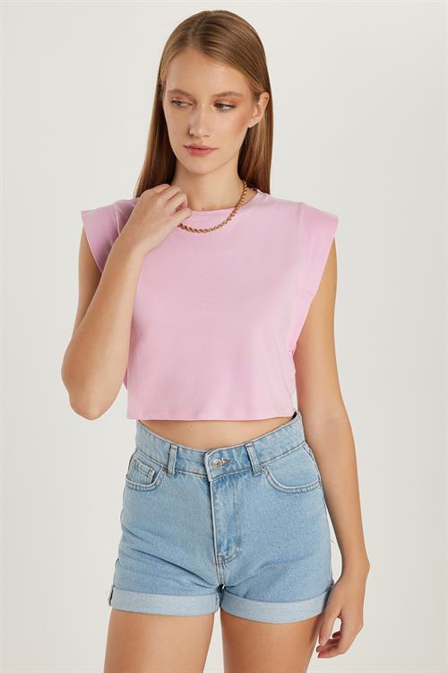 Kadın Slim Fit Dar Kesim Sıfır Kollu Bisiklet Yaka Pembe Bluz