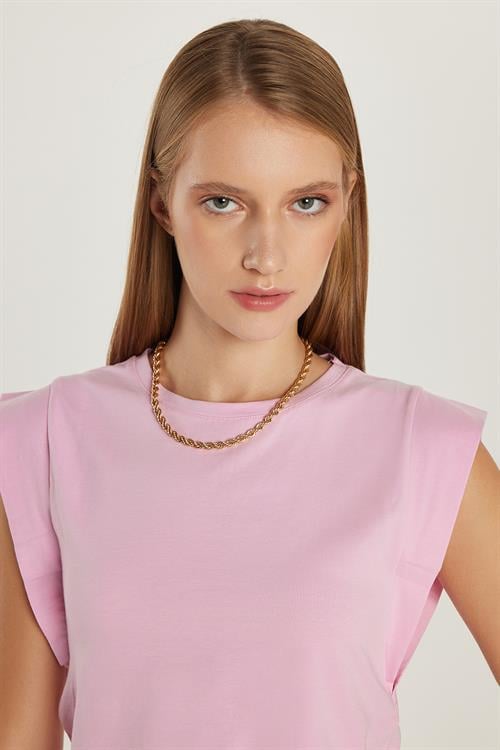 Kadın Slim Fit Dar Kesim Sıfır Kollu Bisiklet Yaka Pembe Bluz