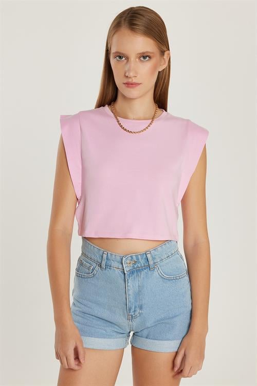 Kadın Slim Fit Dar Kesim Sıfır Kollu Bisiklet Yaka Pembe Bluz