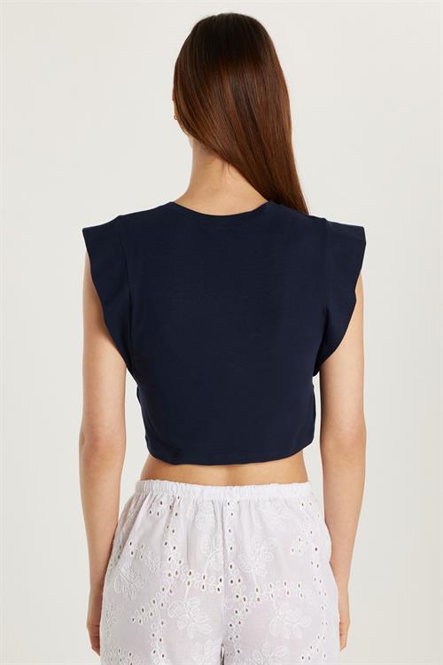 Kadın Slim Fit Dar Kesim Sıfır Kollu Bisiklet Yaka Lacivert Bluz
