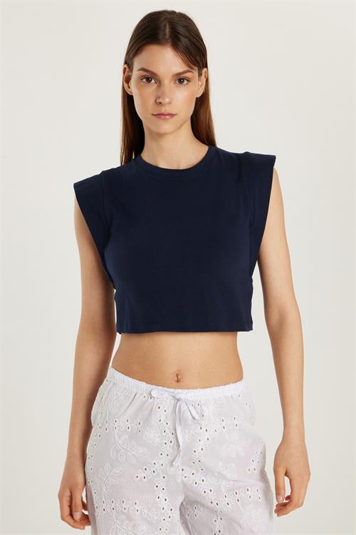 Kadın Slim Fit Dar Kesim Sıfır Kollu Bisiklet Yaka Lacivert Bluz