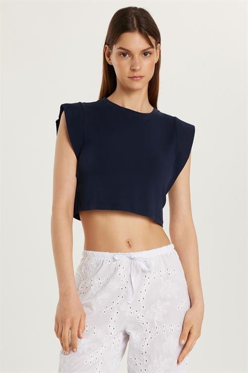 Kadın Slim Fit Dar Kesim Sıfır Kollu Bisiklet Yaka Lacivert Bluz
